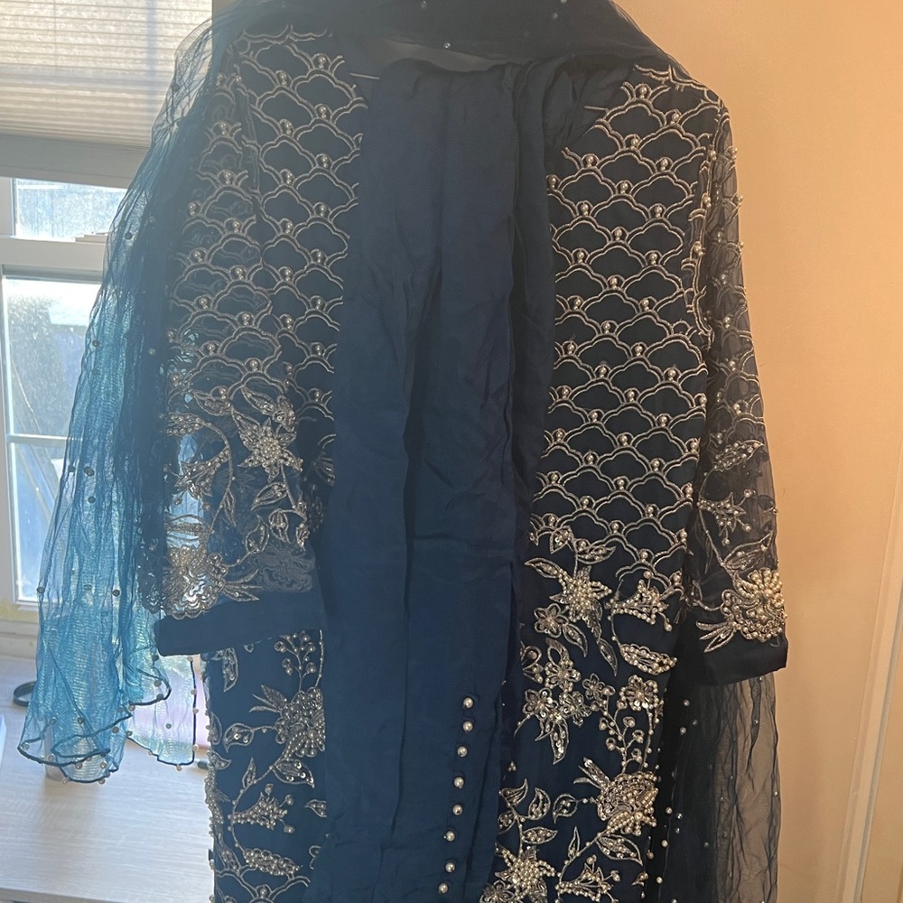 Blue Pakistani dress with pearls work. Super Fancy and cute!